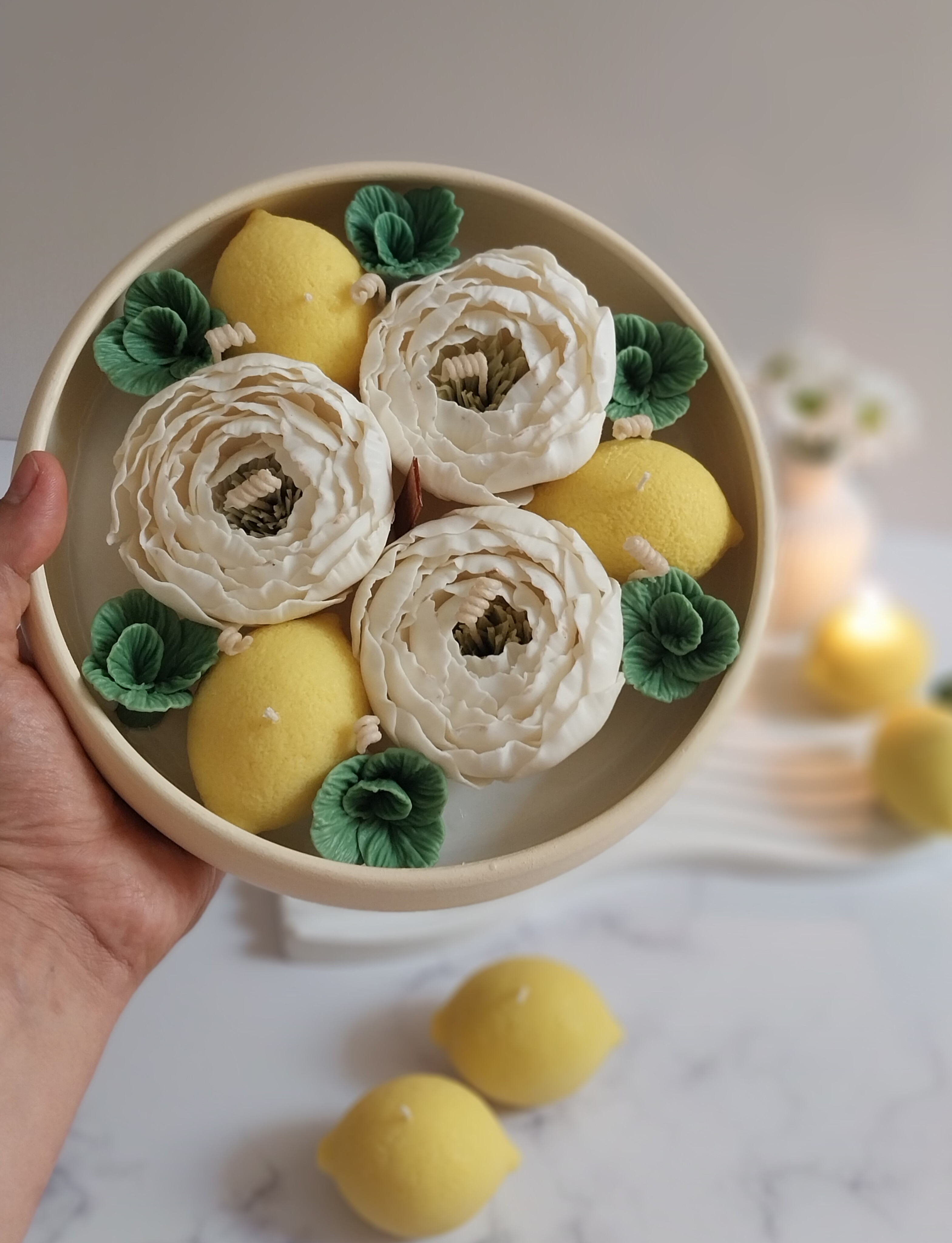 کاسع شمع سفالی گل پیونی و لیمو